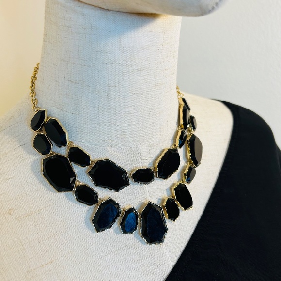 Vintage Black Faceted 2 Tier beaded black and Gold Statement Necklace - Picture 2 of 4